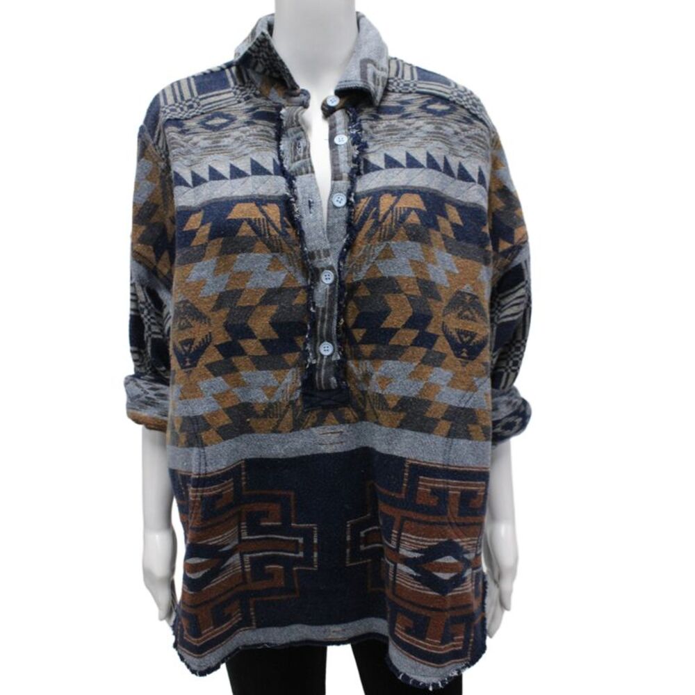 We The Free Women Boho Geometric Tunic Button-Up Blue Long Sleeve Size S